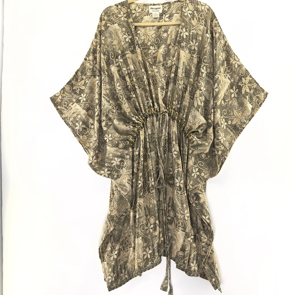 DARN GOOD Goddess Kaftan Olive Green Beige RECYCLED SILK Dress WOMENS XXL Plus